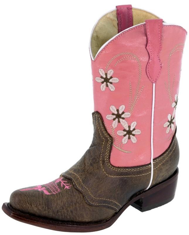 Kids Cowboy Boots Pink Flowers Leather Ranch Snip Toe Rodeo Wear Size 7 8 2