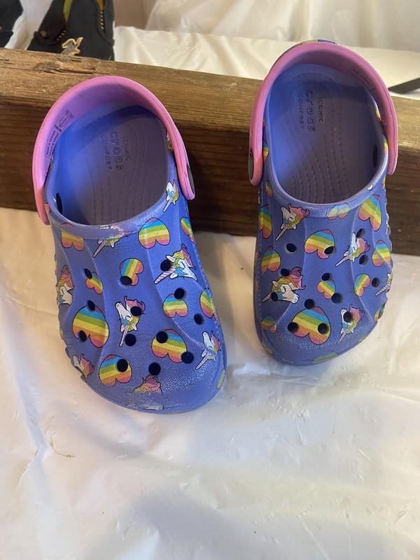 Kids Crocs PurpleClogs with Unicorns and Rainbow Hearts & Pink Strap-Childs 10