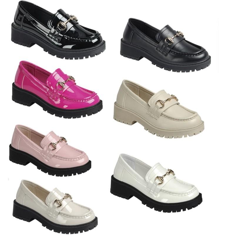 Kids Girl Faux Leather Slip On Platform Chunky Block Heel Loafers Size 9-4