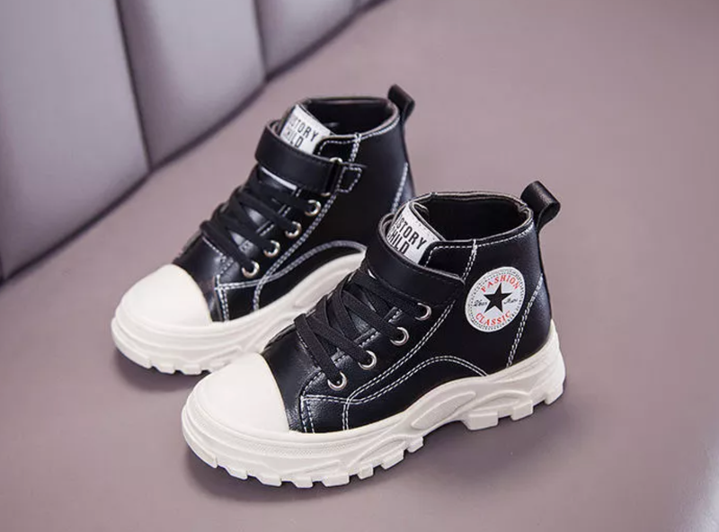 Kids Girls Fashion High Top Sneakers BLACK WHITE PINK Shoes W/Heel Sz 12.5-3-NEW