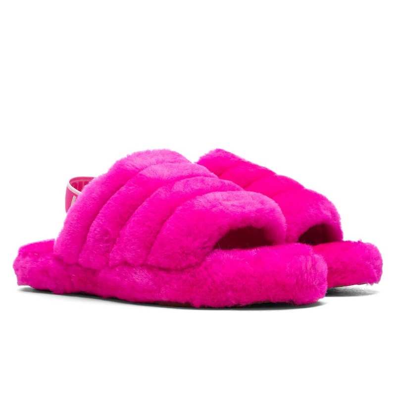 Kids Girls Ugg Fluff Yeah Logo Sheepskin Slide Sandals Rock Rose