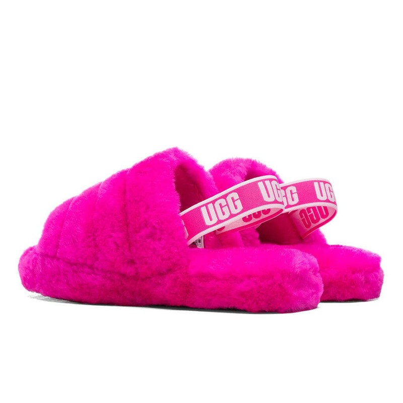 Kids Girls Ugg Fluff Yeah Logo Sheepskin Slide Sandals Rock Rose