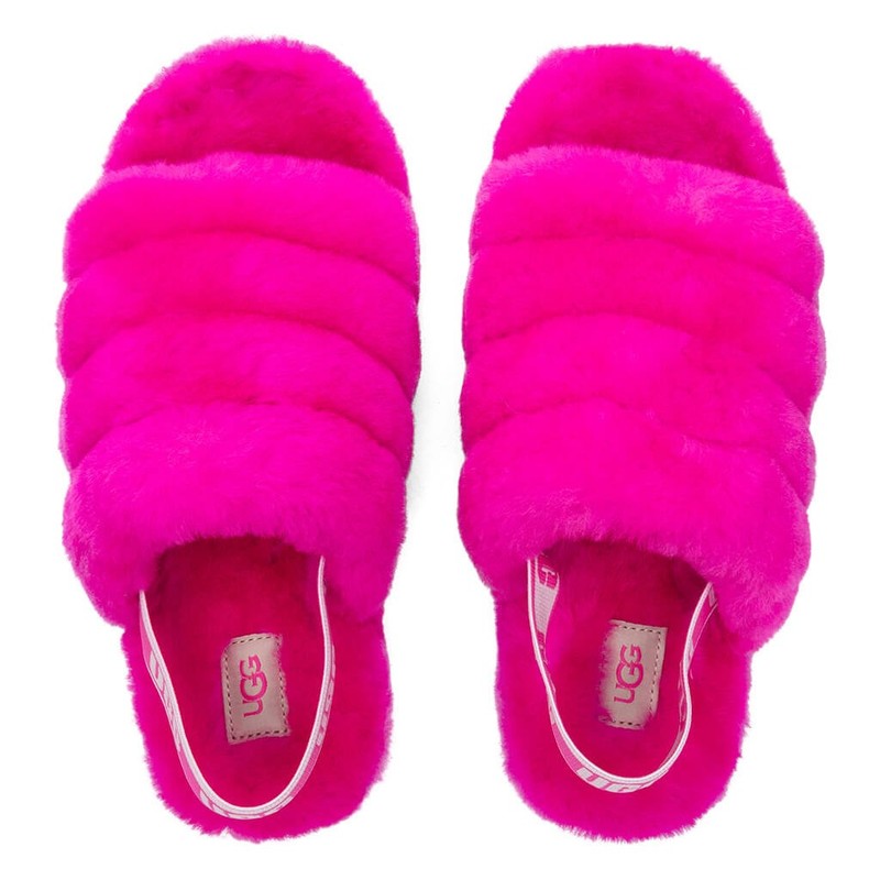 Kids Girls Ugg Fluff Yeah Logo Sheepskin Slide Sandals Rock Rose