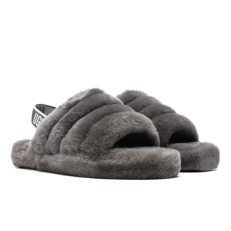 Kids Girls Ugg Fluff Yeah Logo Sheepskin Slide Sandals Charcoal