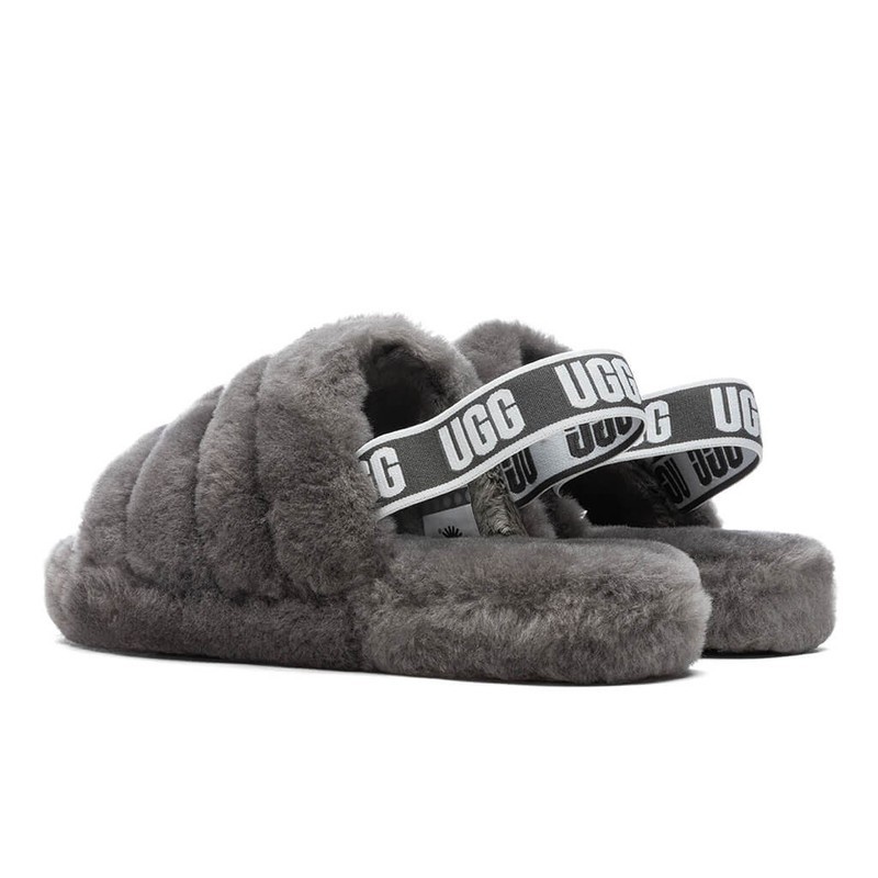 Kids Girls Ugg Fluff Yeah Logo Sheepskin Slide Sandals Charcoal