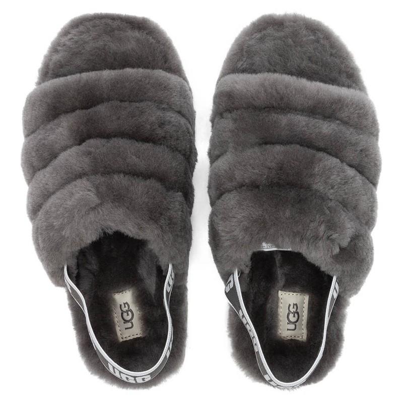Kids Girls Ugg Fluff Yeah Logo Sheepskin Slide Sandals Charcoal