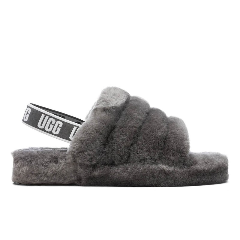 Kids Girls Ugg Fluff Yeah Logo Sheepskin Slide Sandals Charcoal