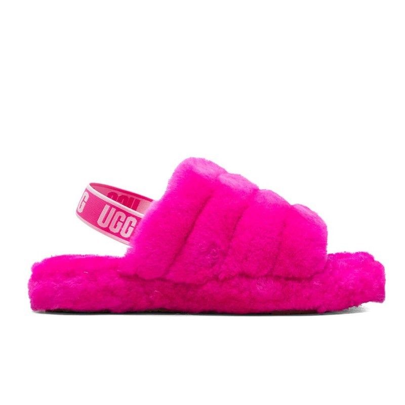 Kids Girls Ugg Fluff Yeah Logo Sheepskin Slide Sandals Rock Rose