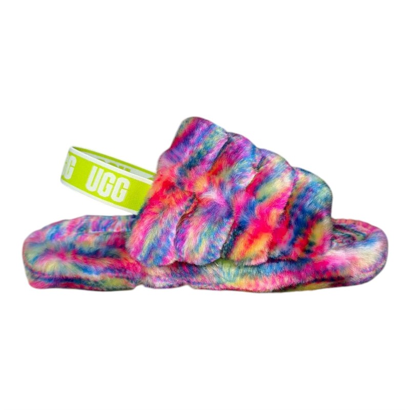 Kids Girls Ugg Fluff Yeah Pixelate Logo Sheepskin Slide Sandals 1129072K