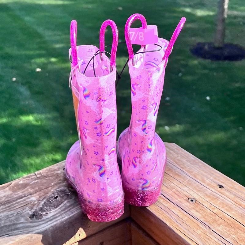 Kids' Pink Unicorn Glitter Rain Boots W:Handles S 7/8 Waterproof & Fabric Lined