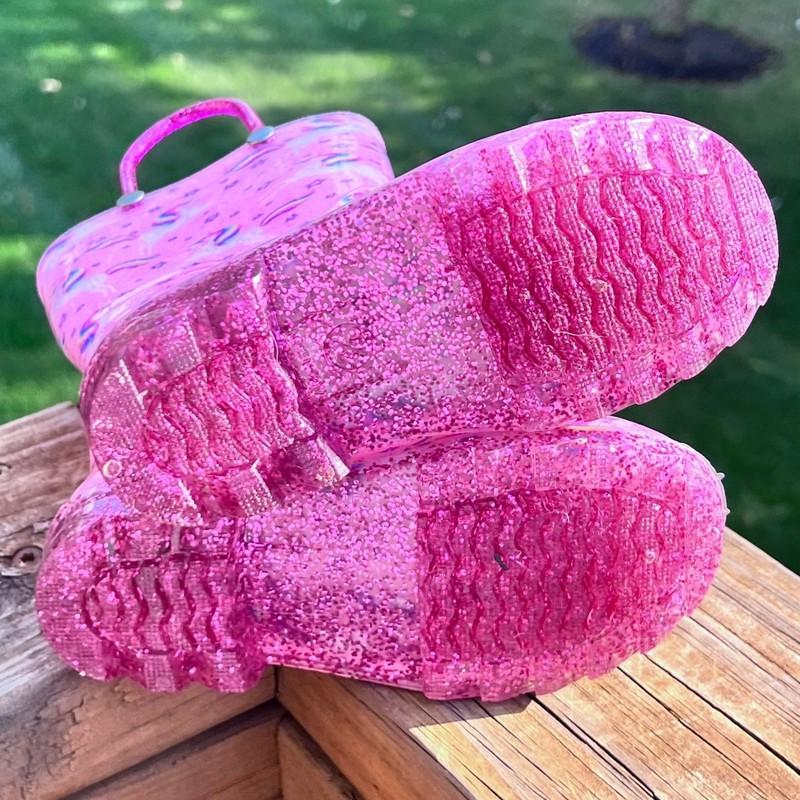 Kids' Pink Unicorn Glitter Rain Boots W:Handles S 7/8 Waterproof & Fabric Lined