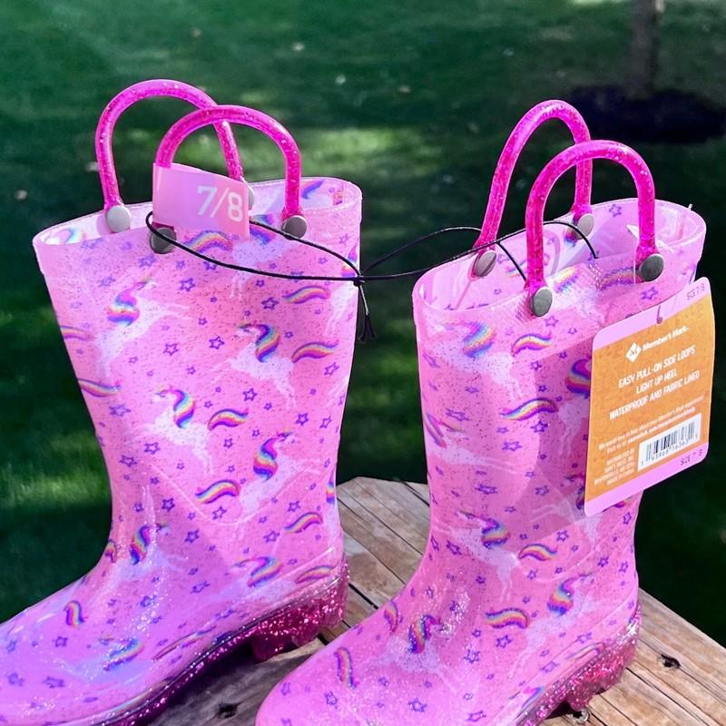 Kids' Pink Unicorn Glitter Rain Boots W:Handles S 7/8 Waterproof & Fabric Lined