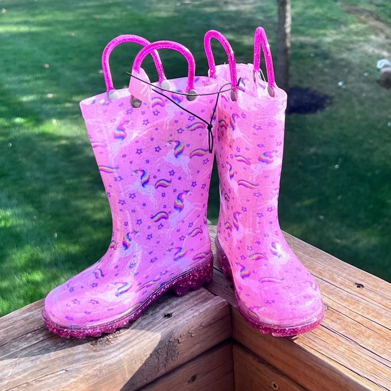 Kids' Pink Unicorn Glitter Rain Boots w:Handles S 7/8 Waterproof & fabric lined