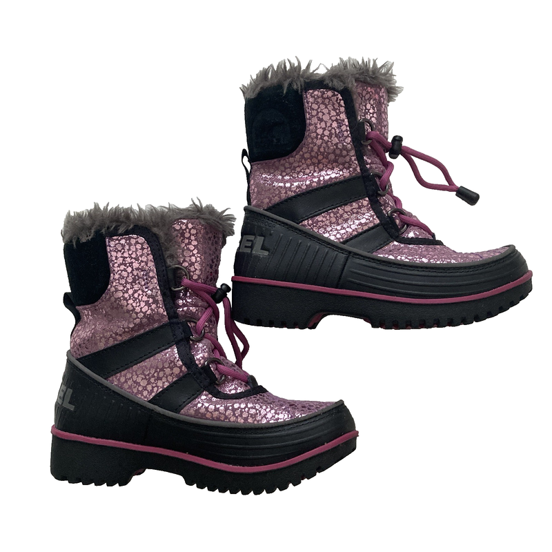 Kids Sorel Boots Size 12 Pink Glitter And Black Snow Boots