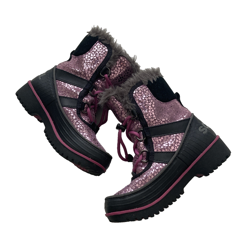 Kids Sorel Boots Size 12 Pink Glitter And Black Snow Boots