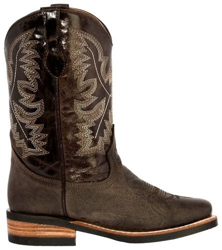 Kids Western Cowboy Boot Plain Smooth Square Brown Leather Size 8 9 11 12 13