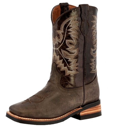 Kids Western Cowboy Boot Plain Smooth Square Brown Leather Size 8 9 11 12 13
