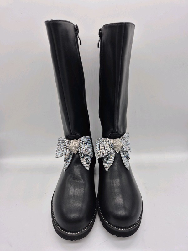 KURT GEIGER Girls Youth Boots Size 2 Kensington High Leather Rhinestone Bow