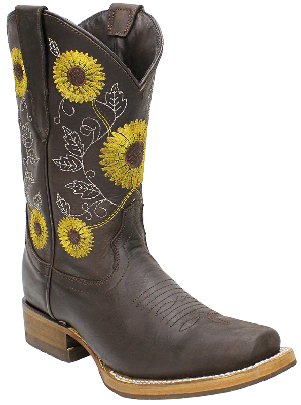 Ladies Genuine Leather Sunflower Square Toe Embroidered Western Chocolate Boots