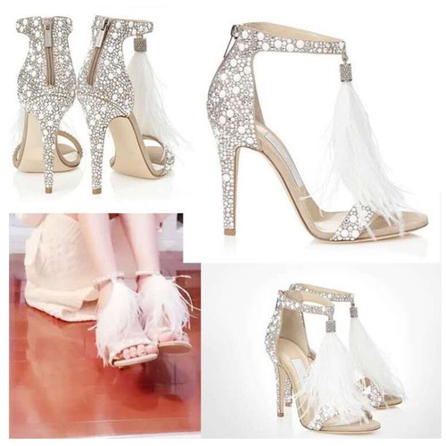 Ladies Party High Heel Sandals Leather Rhinestone Feather Stiletto Wedding Shoes
