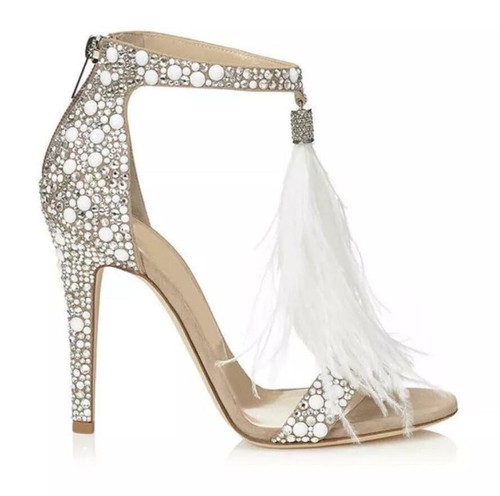 Ladies Party High Heel Sandals Leather Rhinestone Feather Stiletto Wedding Shoes