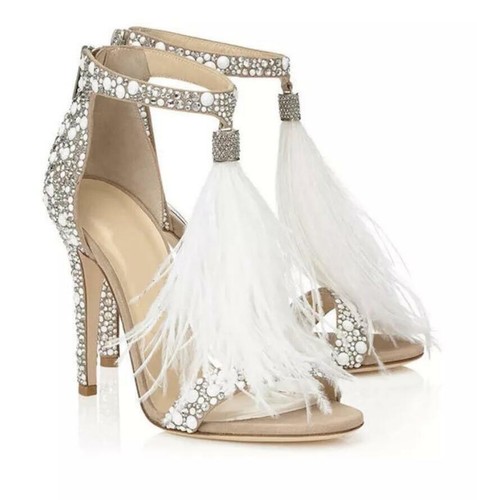 Ladies Party High Heel Sandals Leather Rhinestone Feather Stiletto Wedding Shoes