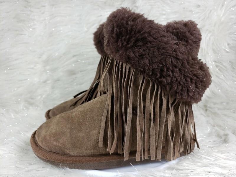 LAMO Girls Brown Boots Frill Tassels Faux Fur Youth Size 4 Suede Leather Booties