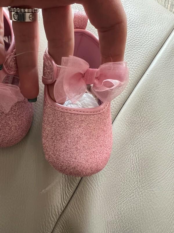 Laura Ashley Baby Pink Glitter Shimmer Maryjane Crib Shoes With Bow NWT Size 2