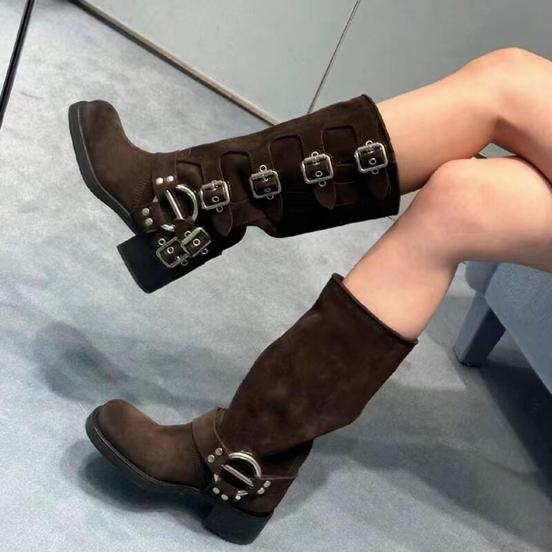 Leather Knee High Knight Boots Women Western Retro Punk Brown Motorcycle Boots