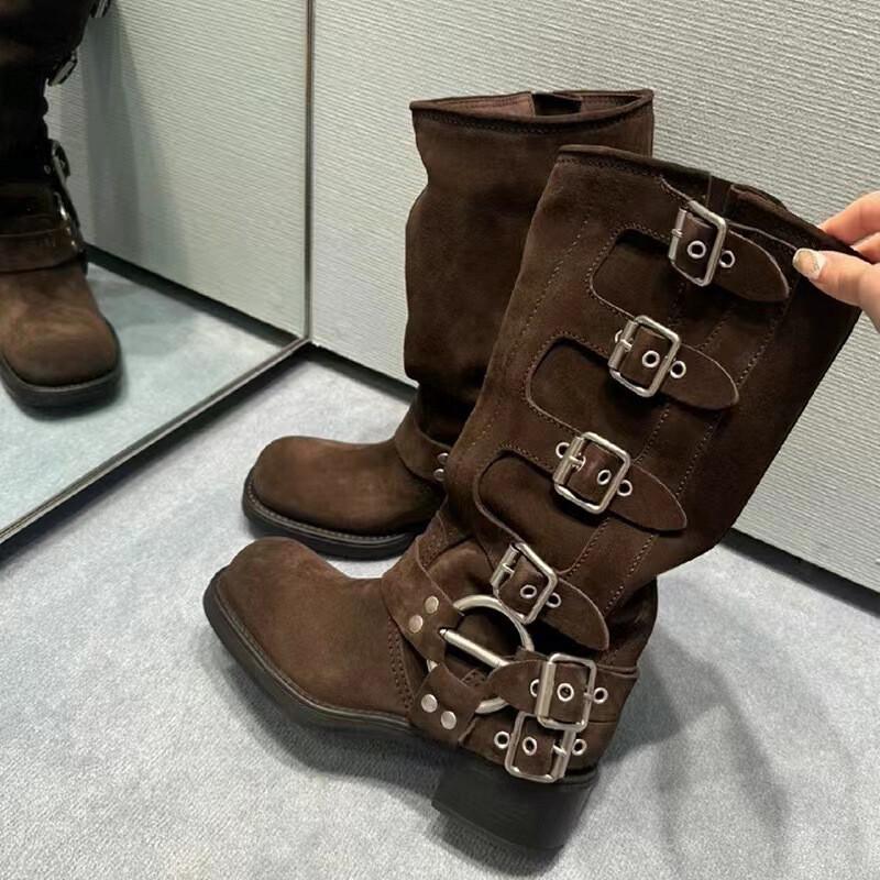 Leather Knee High Knight Boots Women Western Retro Punk Brown Motorcycle Boots