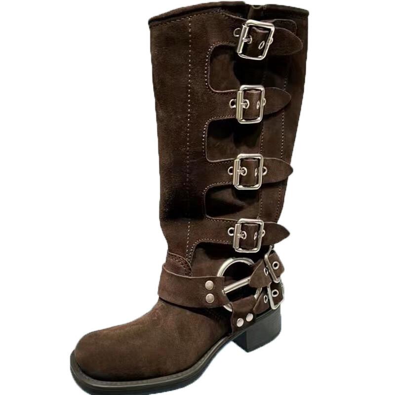 Leather Knee High Knight Boots Women Western Retro Punk Brown Motorcycle Boots