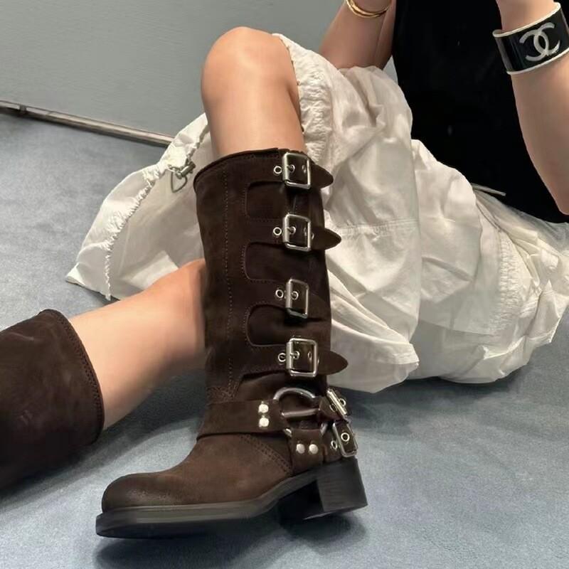 Leather Knee High Knight Boots Women Western Retro Punk Brown Motorcycle Boots