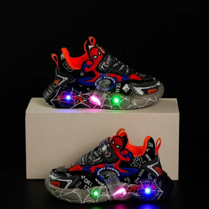 LED Casual Sneakers Red Black For Spring Boys Spiderman Outdoor Shoes Children
