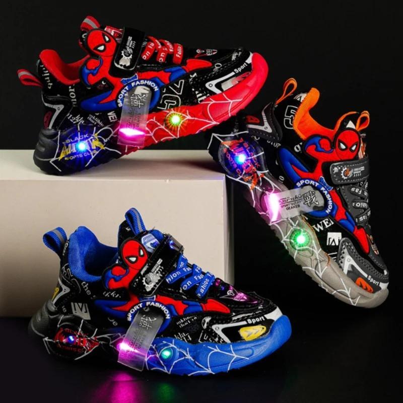LED Casual Sneakers Red Black For Spring Boys Spiderman Outdoor Shoes Children