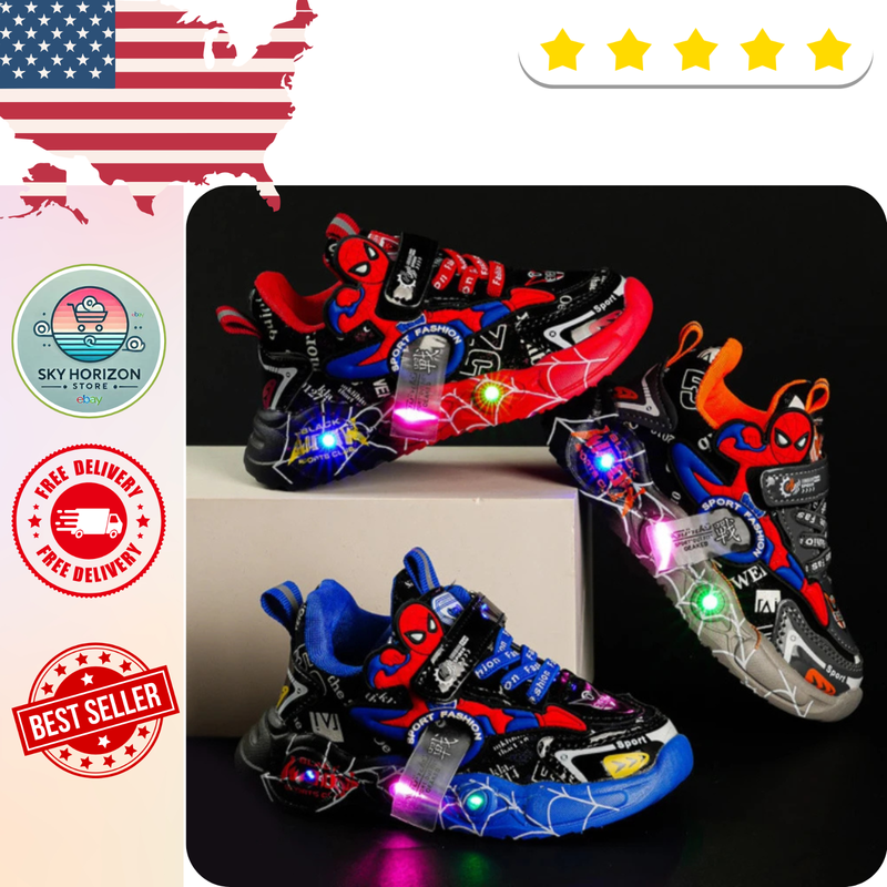 LED Casual Sneakers Red Black For Spring Boys Spiderman Outdoor Shoes Children