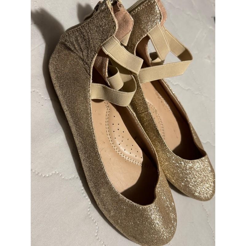 Link Kids Girls Gold Glitter Ballet Flats Ankle Strap Back Zipper Size 4