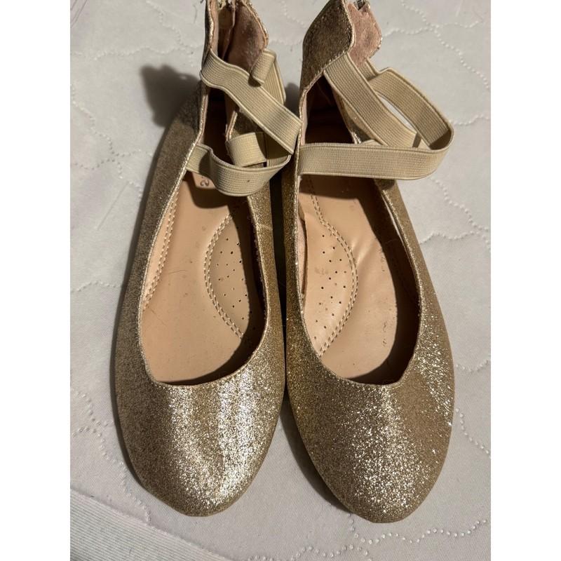 Link Kids Girls Gold Glitter Ballet Flats Ankle Strap Back Zipper Size 4