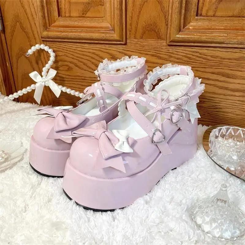 Lolita Cute Bowknots Platform Shoes Student Sweet Strap Flat Elevator Lace Shoes