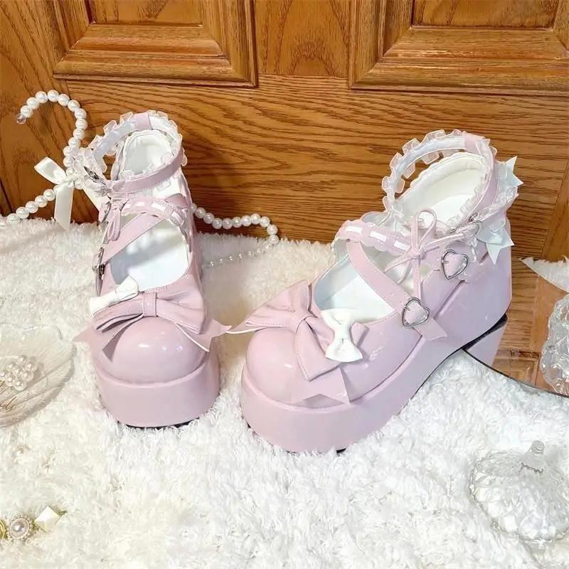 Lolita Cute Bowknots Platform Shoes Student Sweet Strap Flat Elevator Lace Shoes