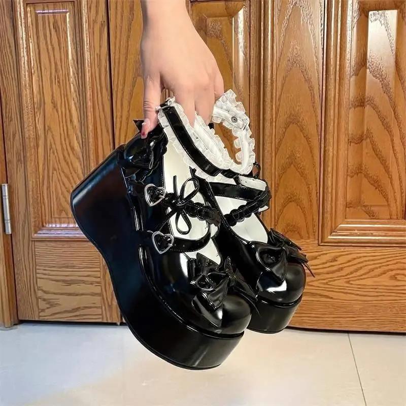Lolita Cute Bowknots Platform Shoes Student Sweet Strap Flat Elevator Lace Shoes