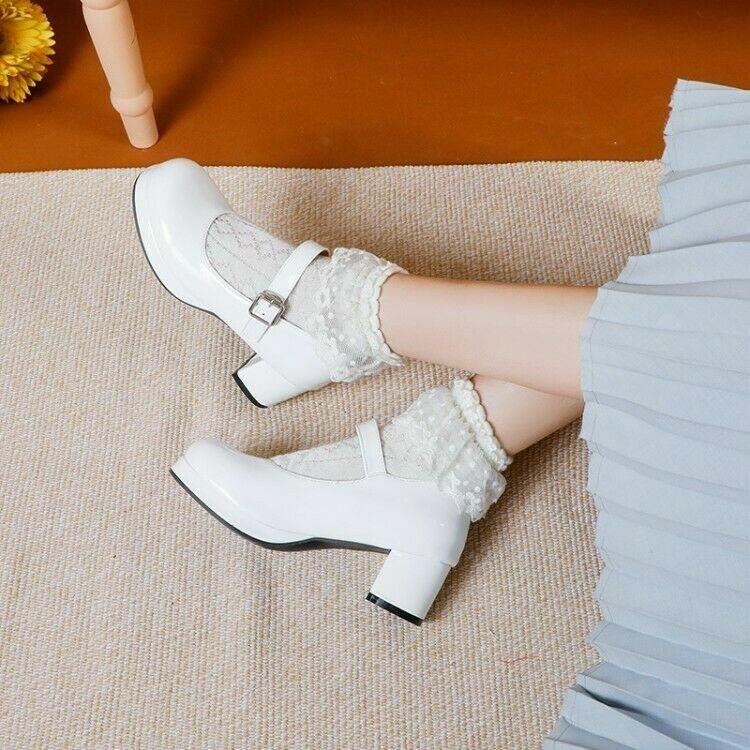 Lolita Womens Chunky Heels Round Toe Mary Jane Patent Leather Ankle Strap Pumps