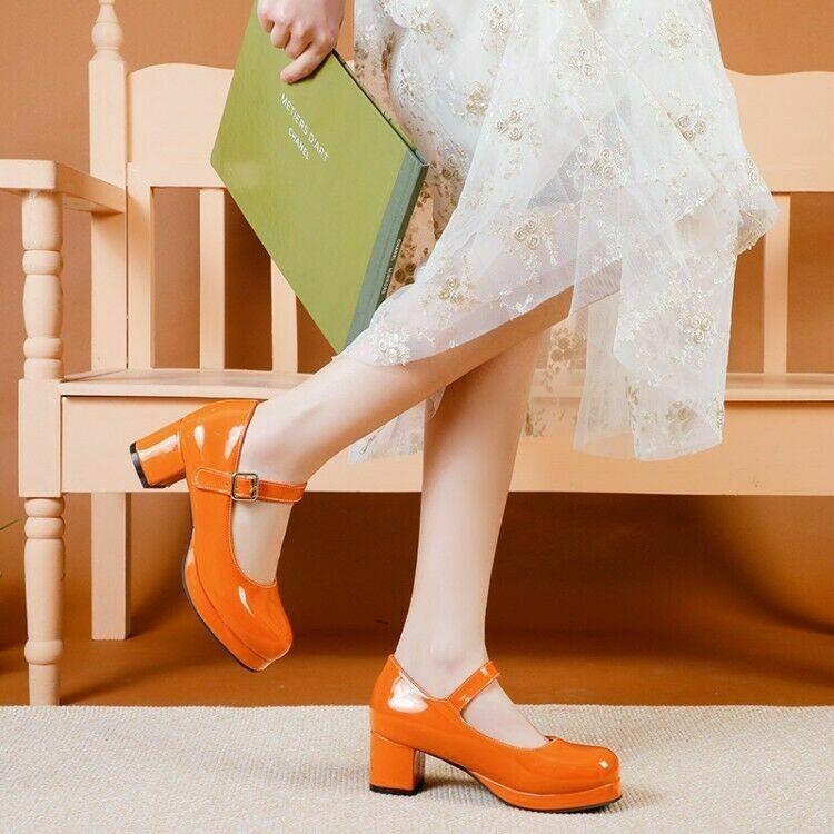 Lolita Womens Chunky Heels Round Toe Mary Jane Patent Leather Ankle Strap Pumps