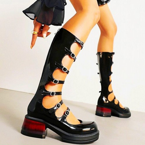 Mary Janes Women Strappy Buckle Knee High Boots Sandals Chunky Platform Creepers