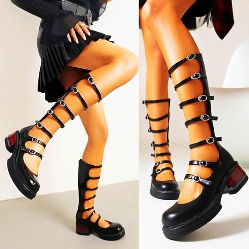 Mary Janes Women Strappy Buckle Knee High Boots Sandals Chunky Platform Creepers