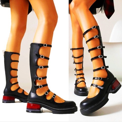Mary Janes Women Strappy Buckle Knee High Boots Sandals Chunky Platform Creepers