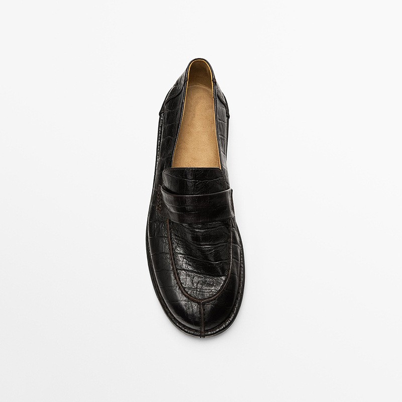 Massimo Dutti Women's Alligator Print Loafers Genuine Leather Pointed Toe