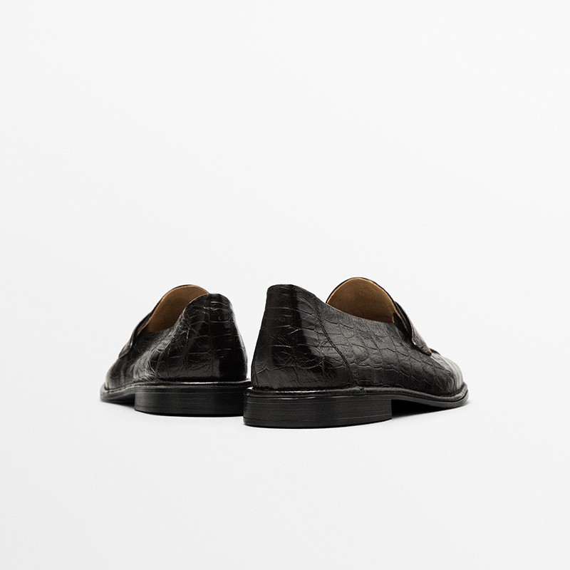 Massimo Dutti Women's Alligator Print Loafers Genuine Leather Pointed Toe