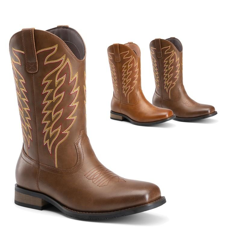 Men Cowboy Boots Calf High Western Boots Square Toe Boot US Size 6-15
