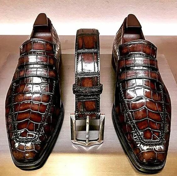 Men Handmade Brown Alligator Texture Leather Moccasin Shoes Formal Dress Shoes