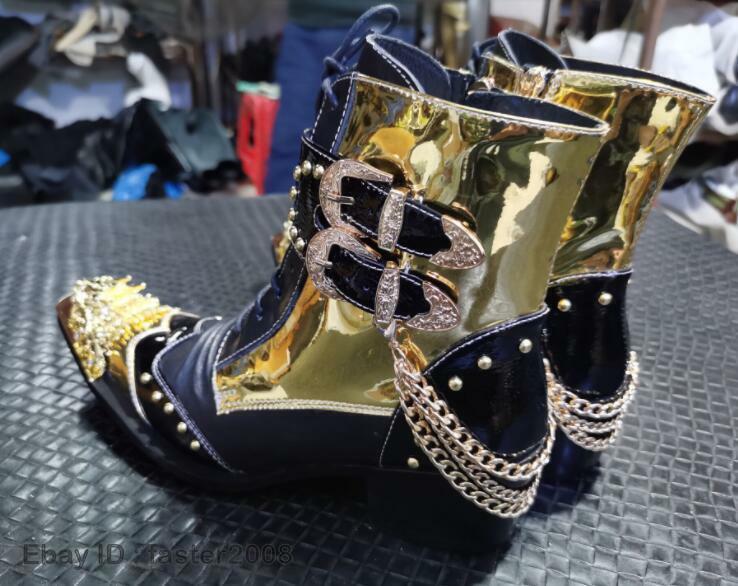 Men's Fashion Metal Head Pointy Toe Punk Rock Rivet Lace Up Party Ankle Boot